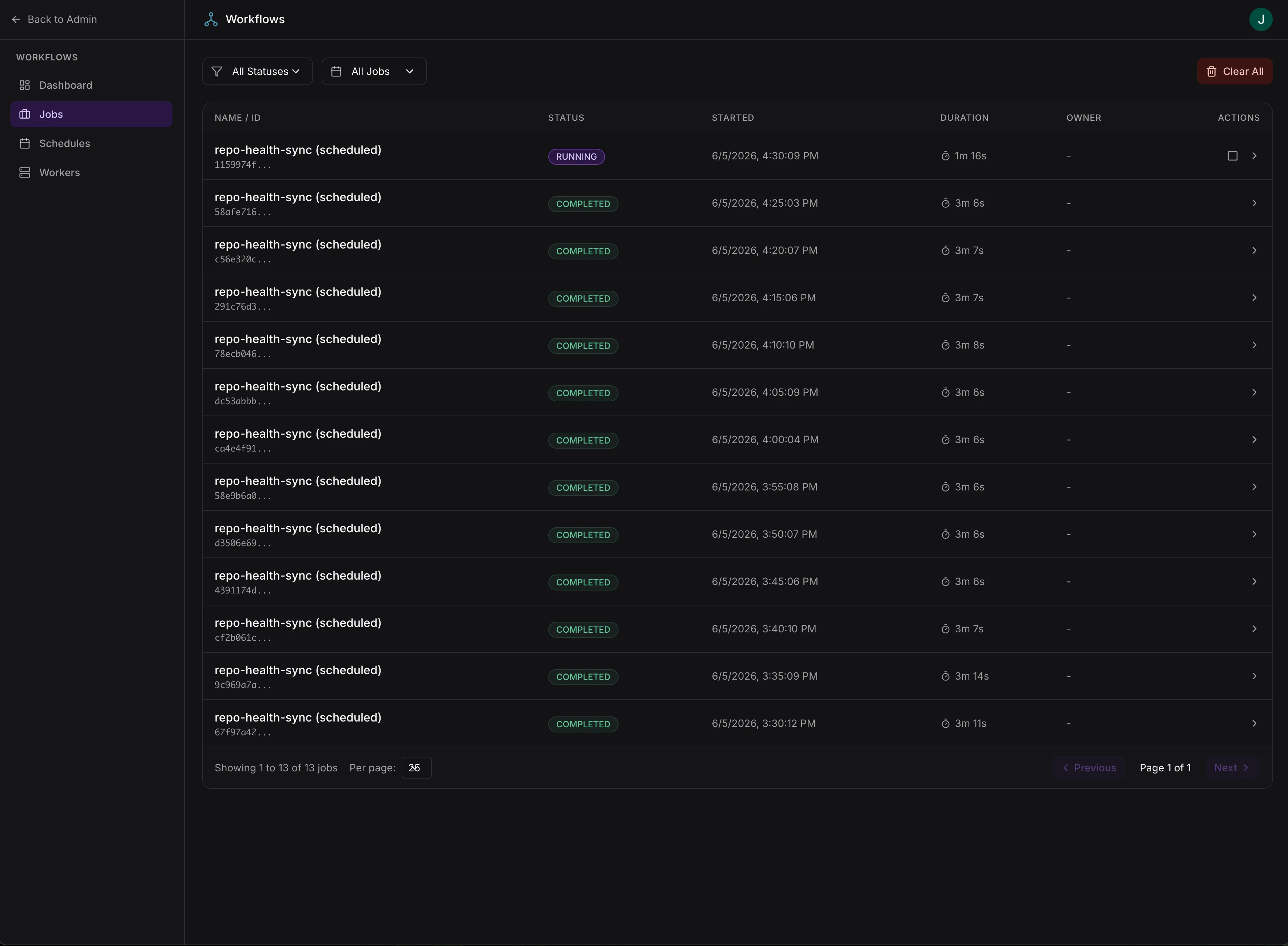 Workflow jobs list with status filtering