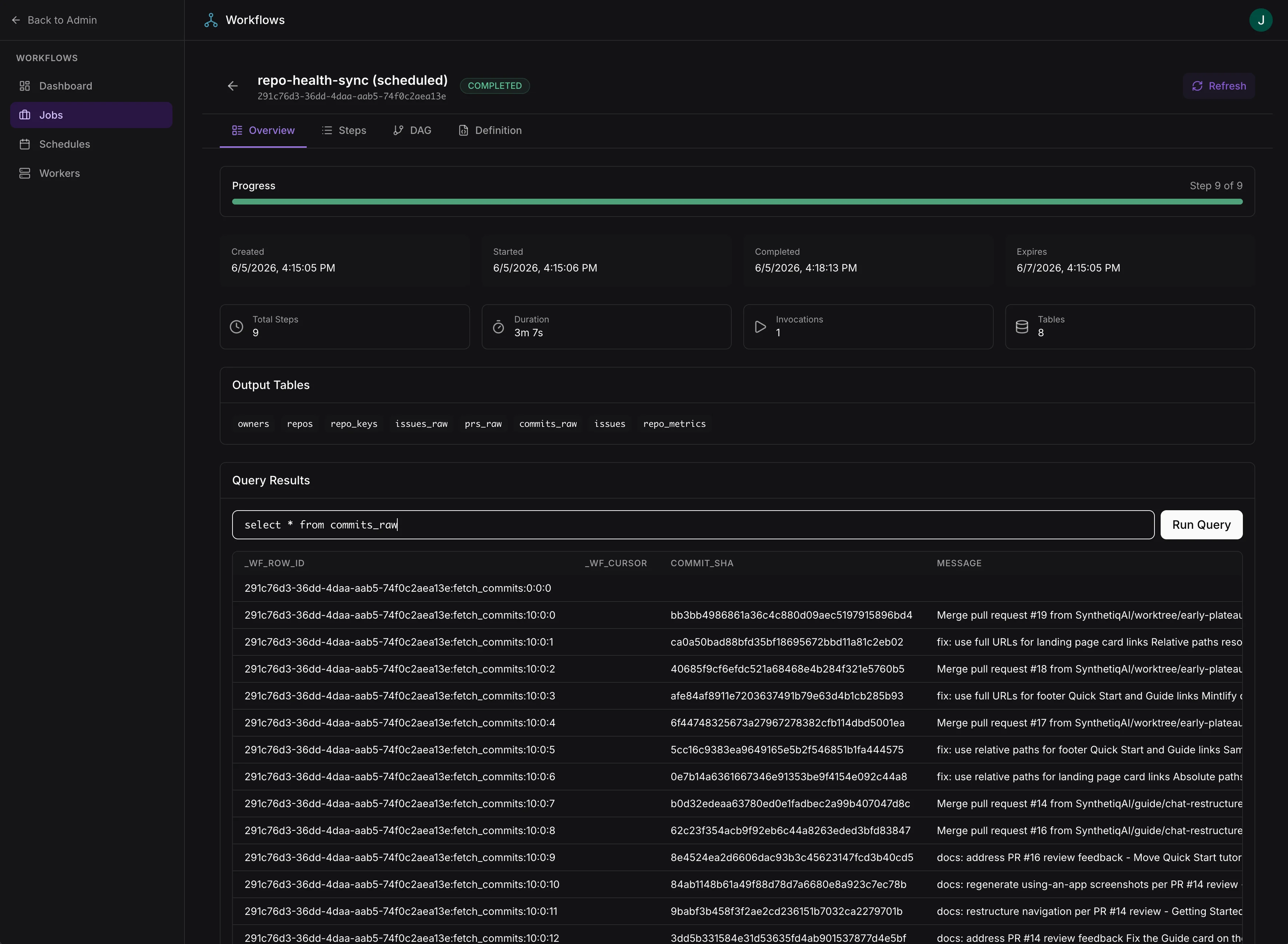 Workflow job overview with SQL query interface for exploring step results