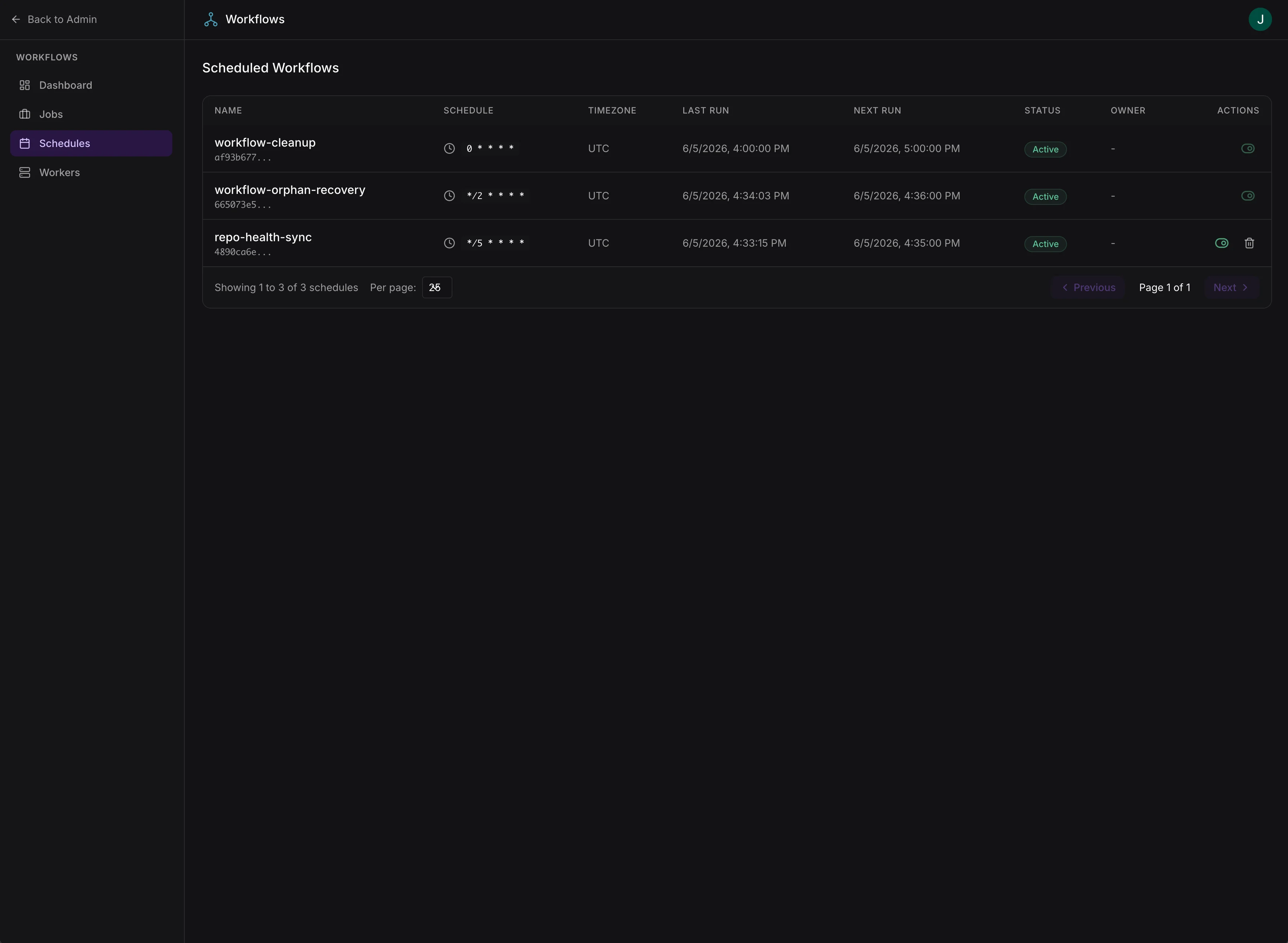 Workflow schedules management interface