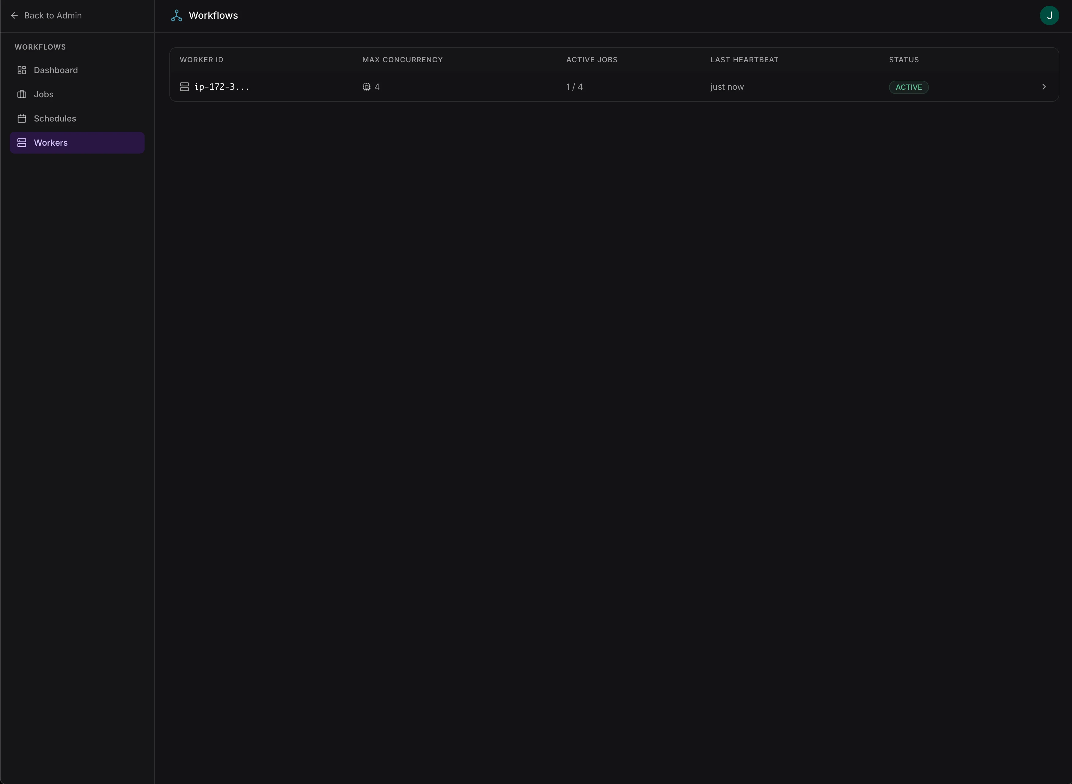 Workflow workers list with status and capacity
