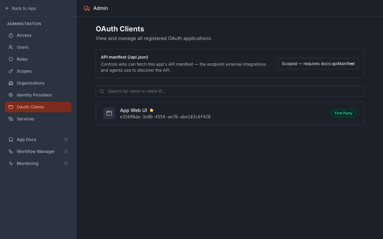 The deployed app's OAuth Clients admin page with the API manifest (/api.json) card at the top, above the list of OAuth clients