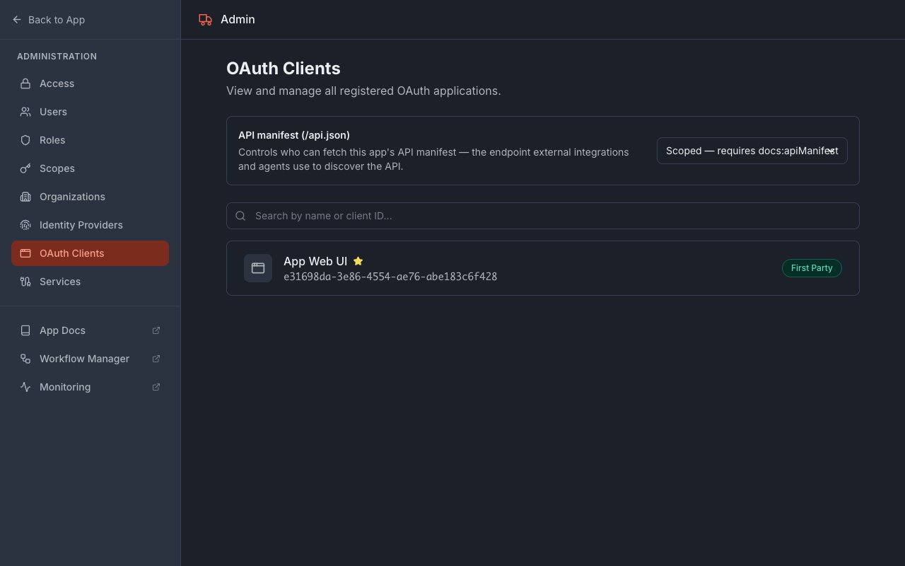 The deployed app's OAuth Clients admin page with the API manifest (/api.json) card at the top, above the list of OAuth clients
