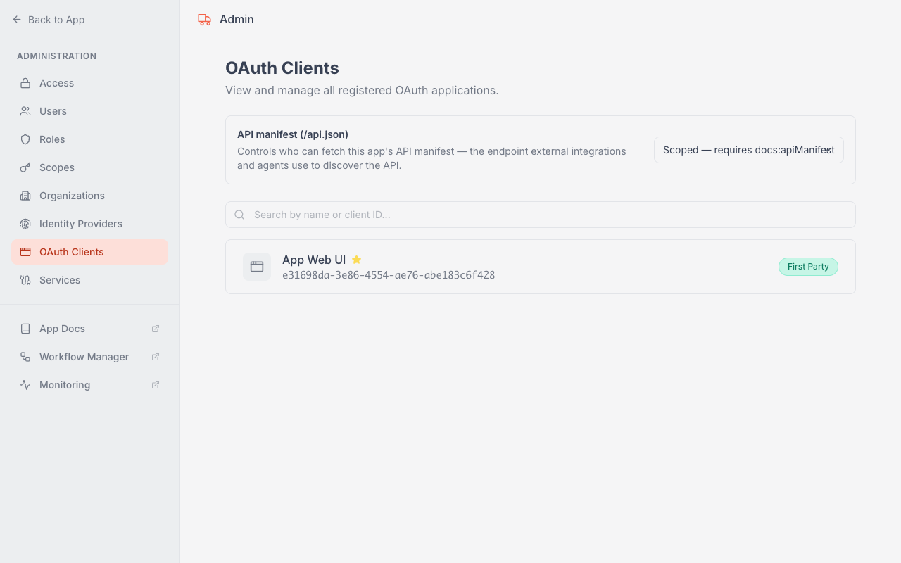 The deployed app's OAuth Clients admin page with the API manifest (/api.json) card at the top, above the list of OAuth clients