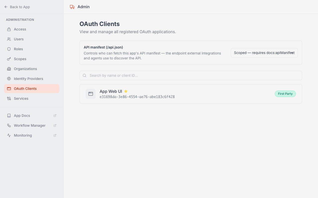 The deployed app's OAuth Clients admin page with the API manifest (/api.json) card at the top, above the list of OAuth clients