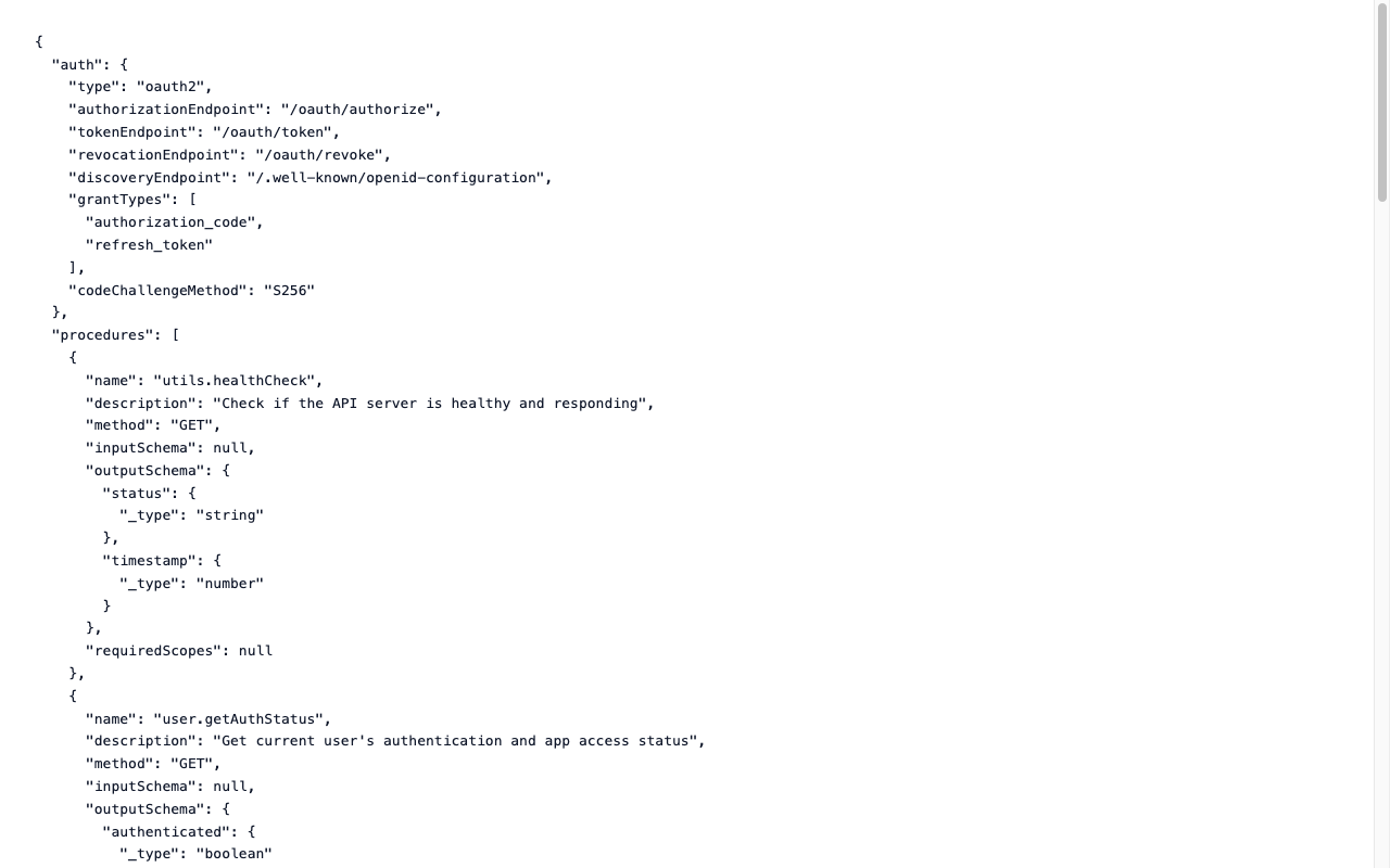 The app's API manifest at /api.json, showing the auth block and the list of API endpoints