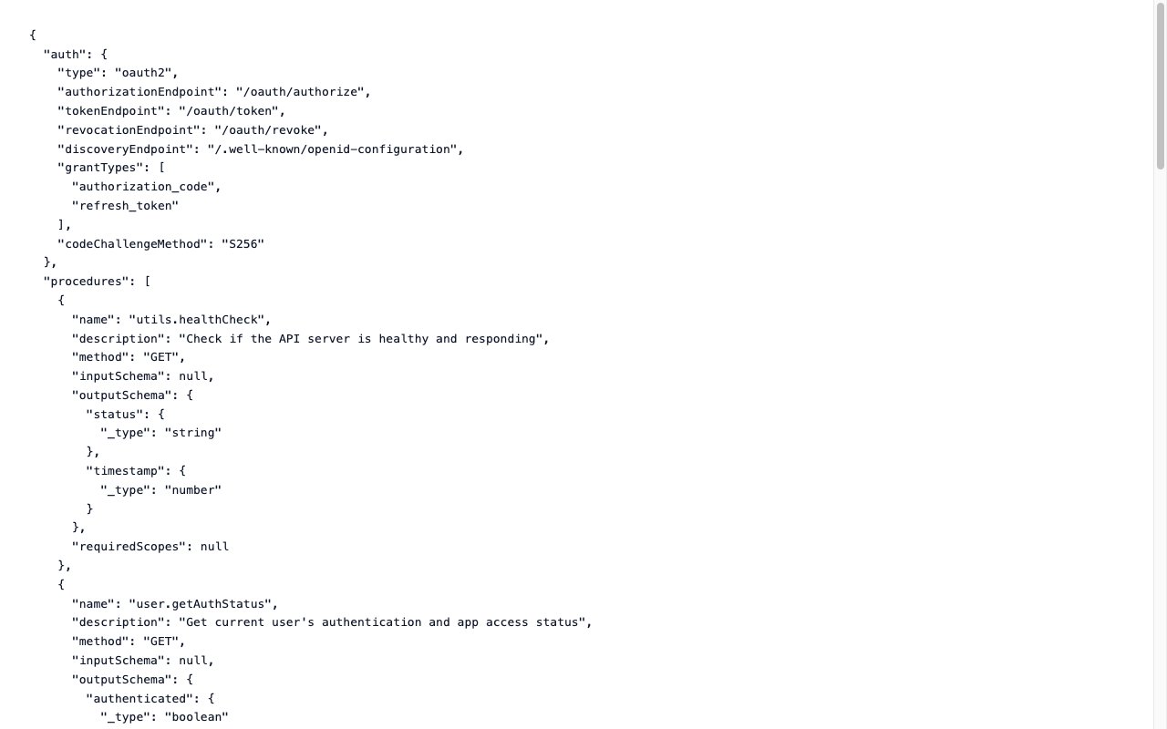 The app's API manifest at /api.json, showing the auth block and the list of API endpoints