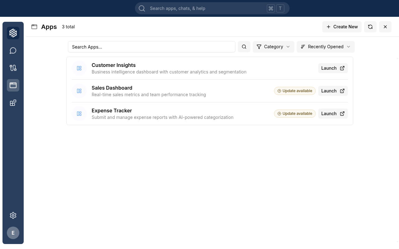 The Synthetiq workspace with the Apps panel open in the left sidebar, showing a list of apps