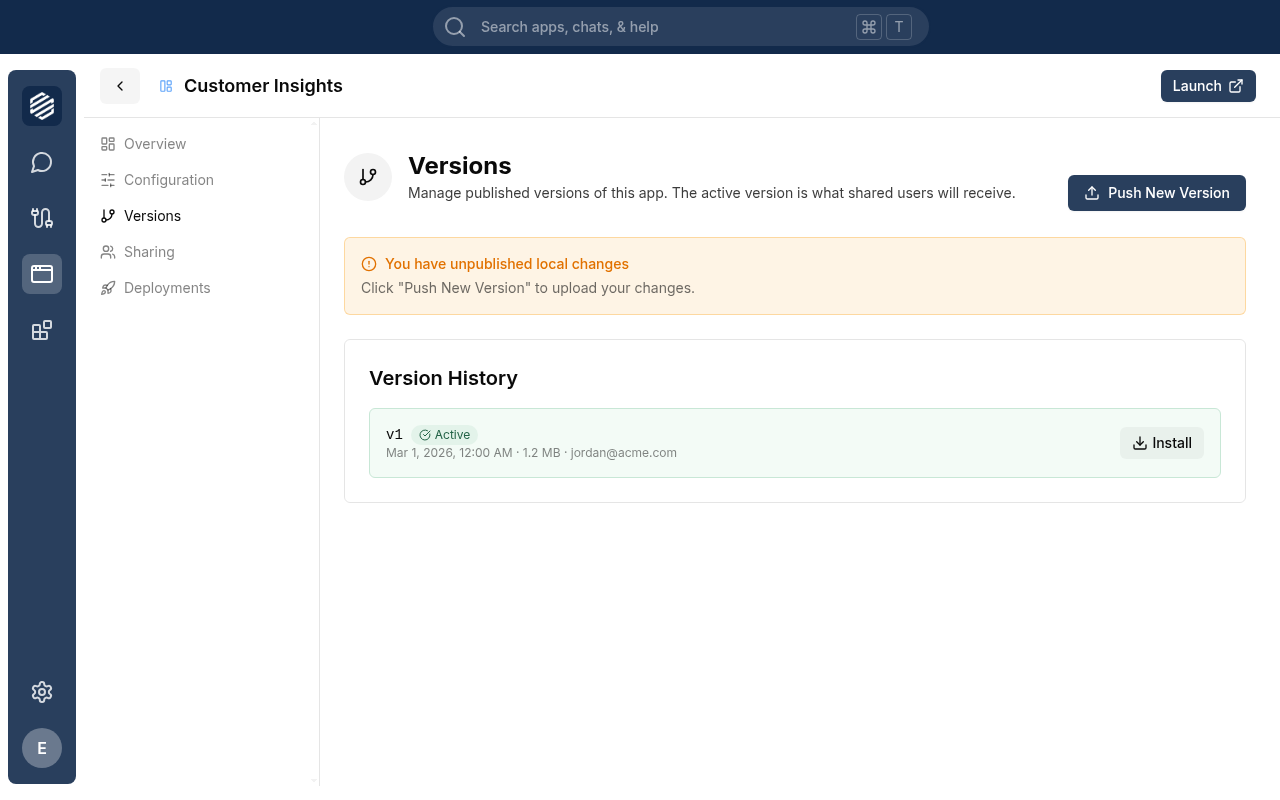The Versions tab showing the unpublished local changes notice and the active Push New Version button