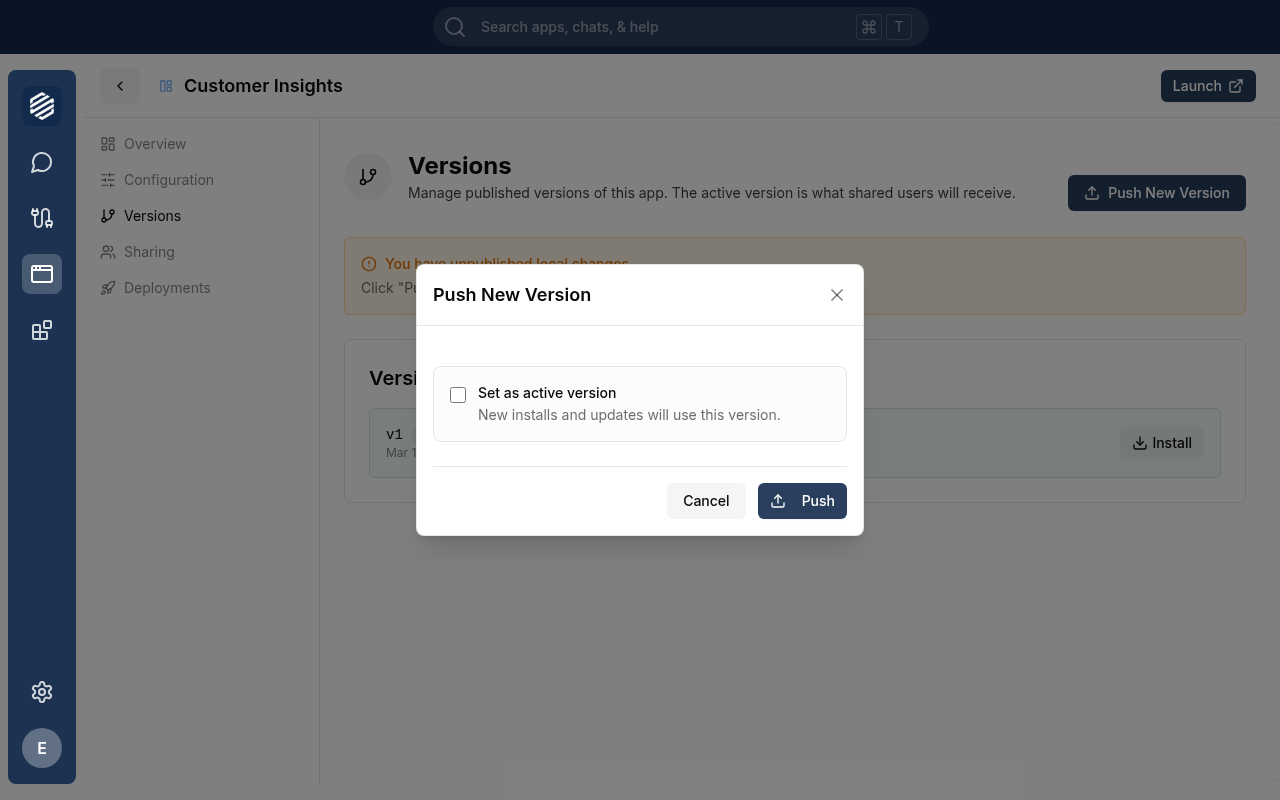 The Push New Version modal open, showing the Set as active version checkbox