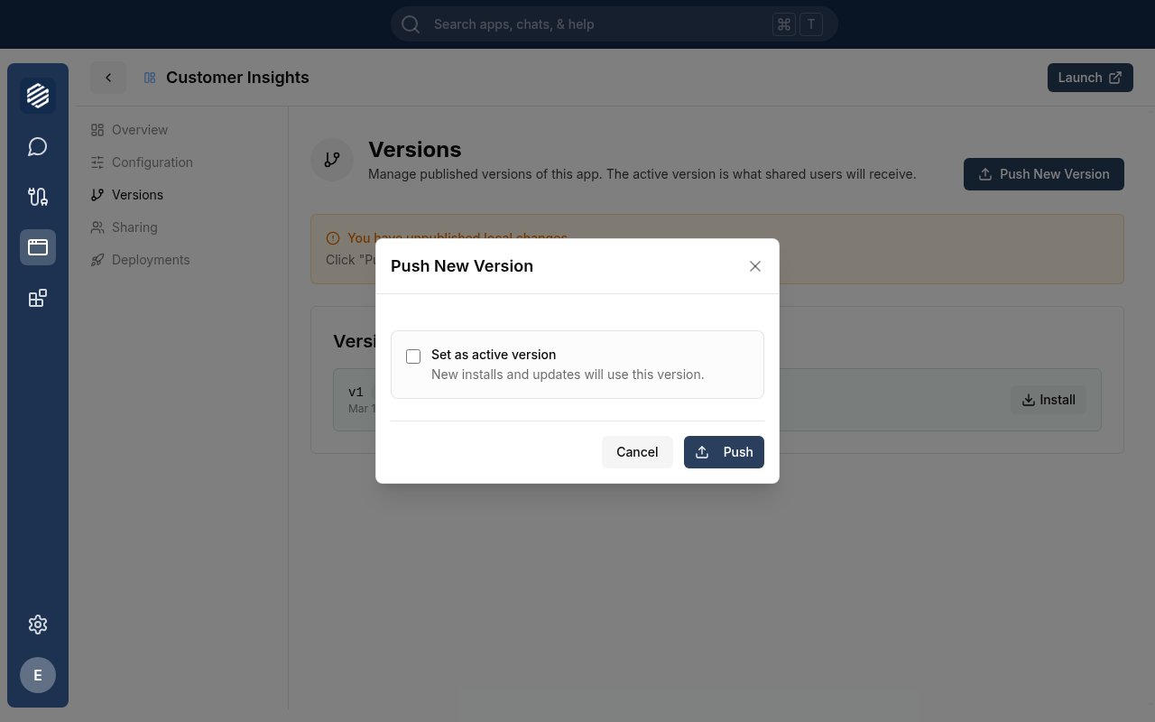 The Push New Version modal open, showing the Set as active version checkbox