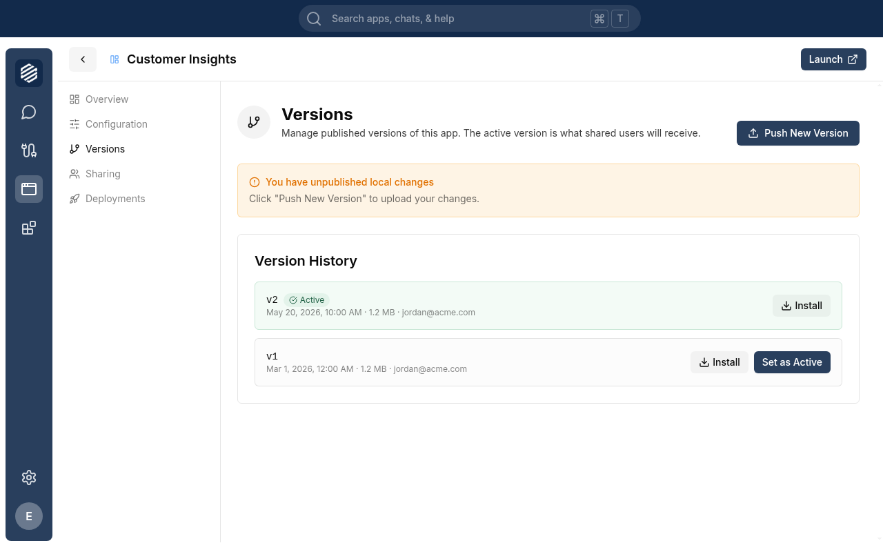 The Versions tab after publishing, showing the new version in the Version History list with an Active badge