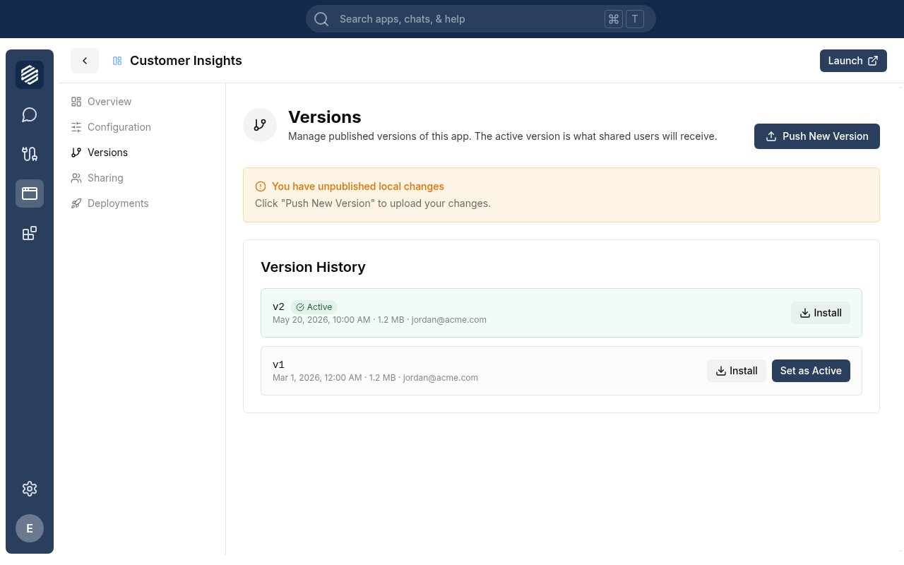 The Versions tab after publishing, showing the new version in the Version History list with an Active badge
