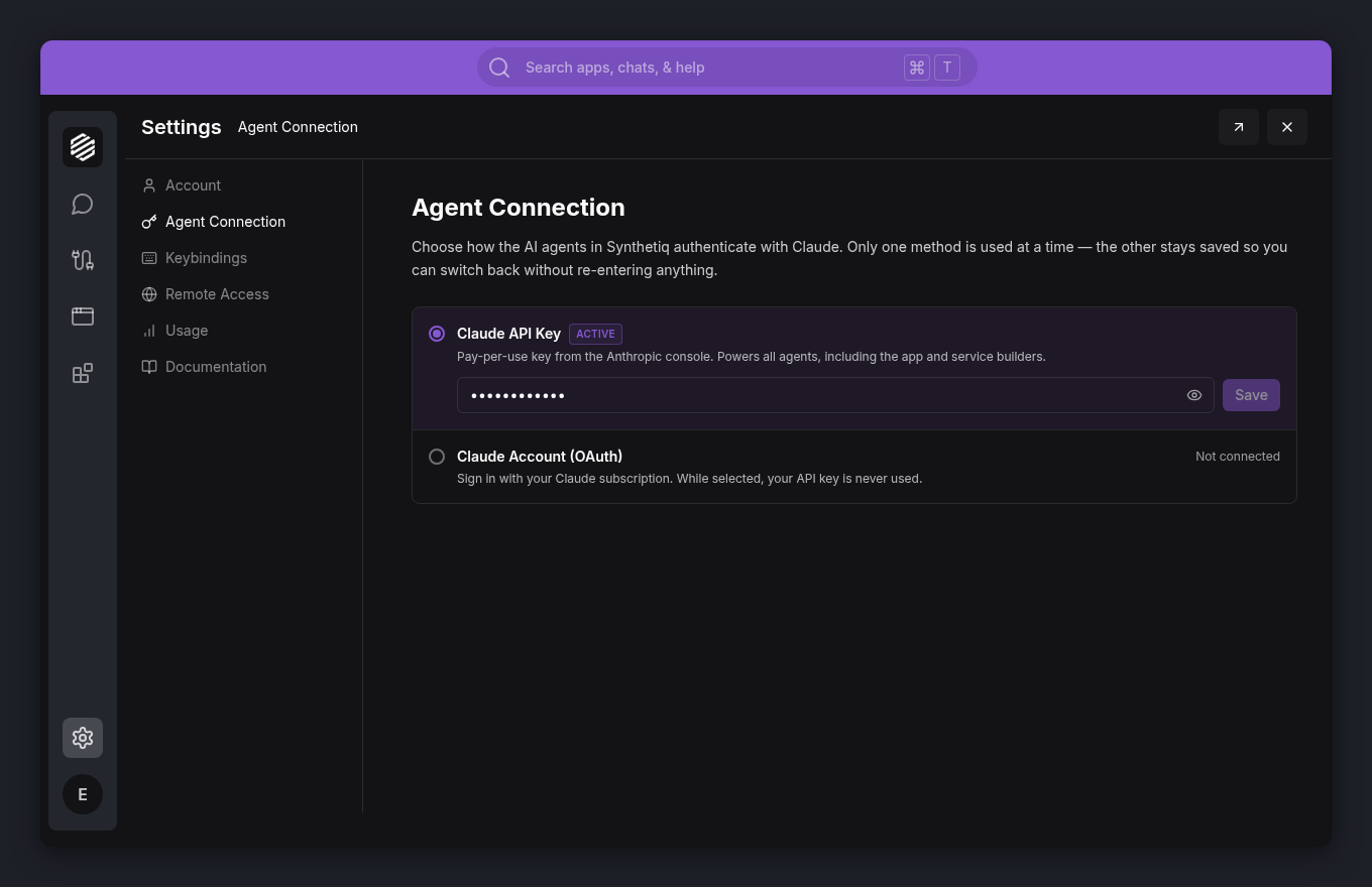 Settings panel with Agent Connection selected, showing the two authentication options