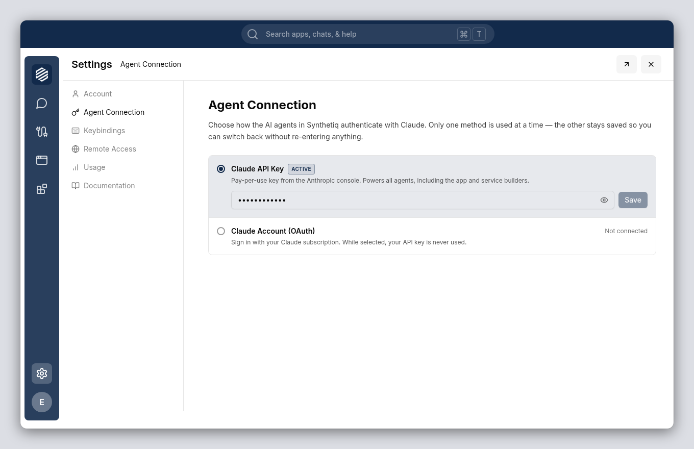 Settings panel with Agent Connection selected, showing the two authentication options