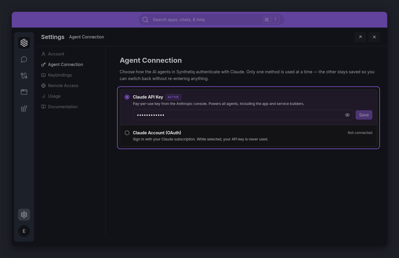 The Agent Connection options: Claude API Key and Claude Account (OAuth)