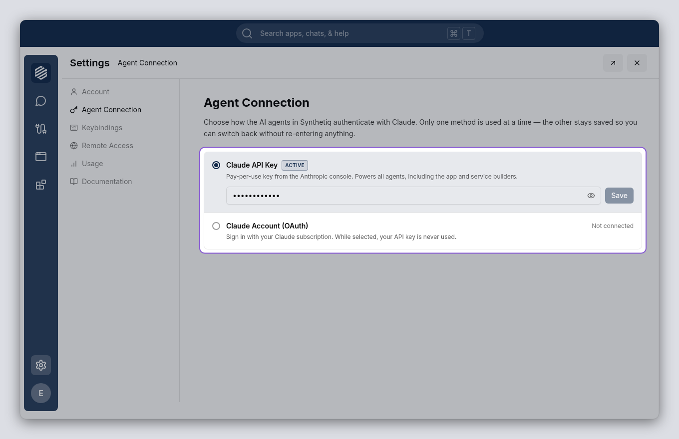 The Agent Connection options: Claude API Key and Claude Account (OAuth)