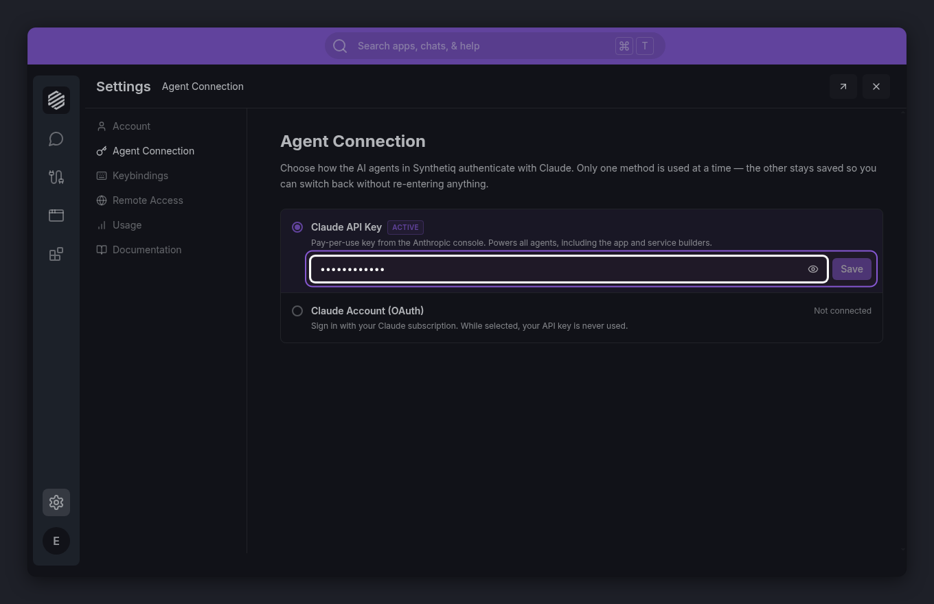 Claude API Key option expanded with the key input field and Save button