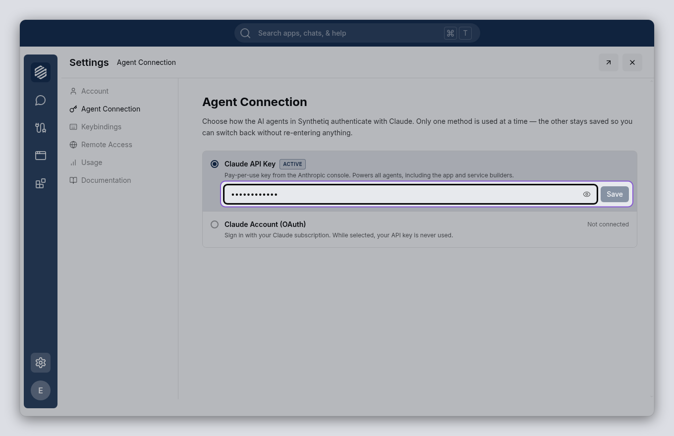 Claude API Key option expanded with the key input field and Save button