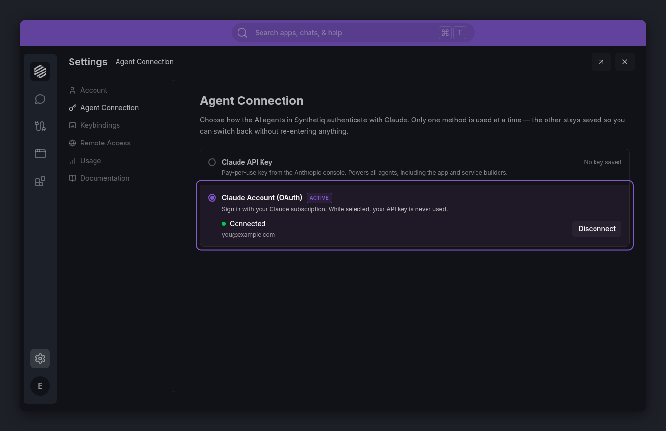 Claude Account (OAuth) option showing the connected state with account email and Disconnect button