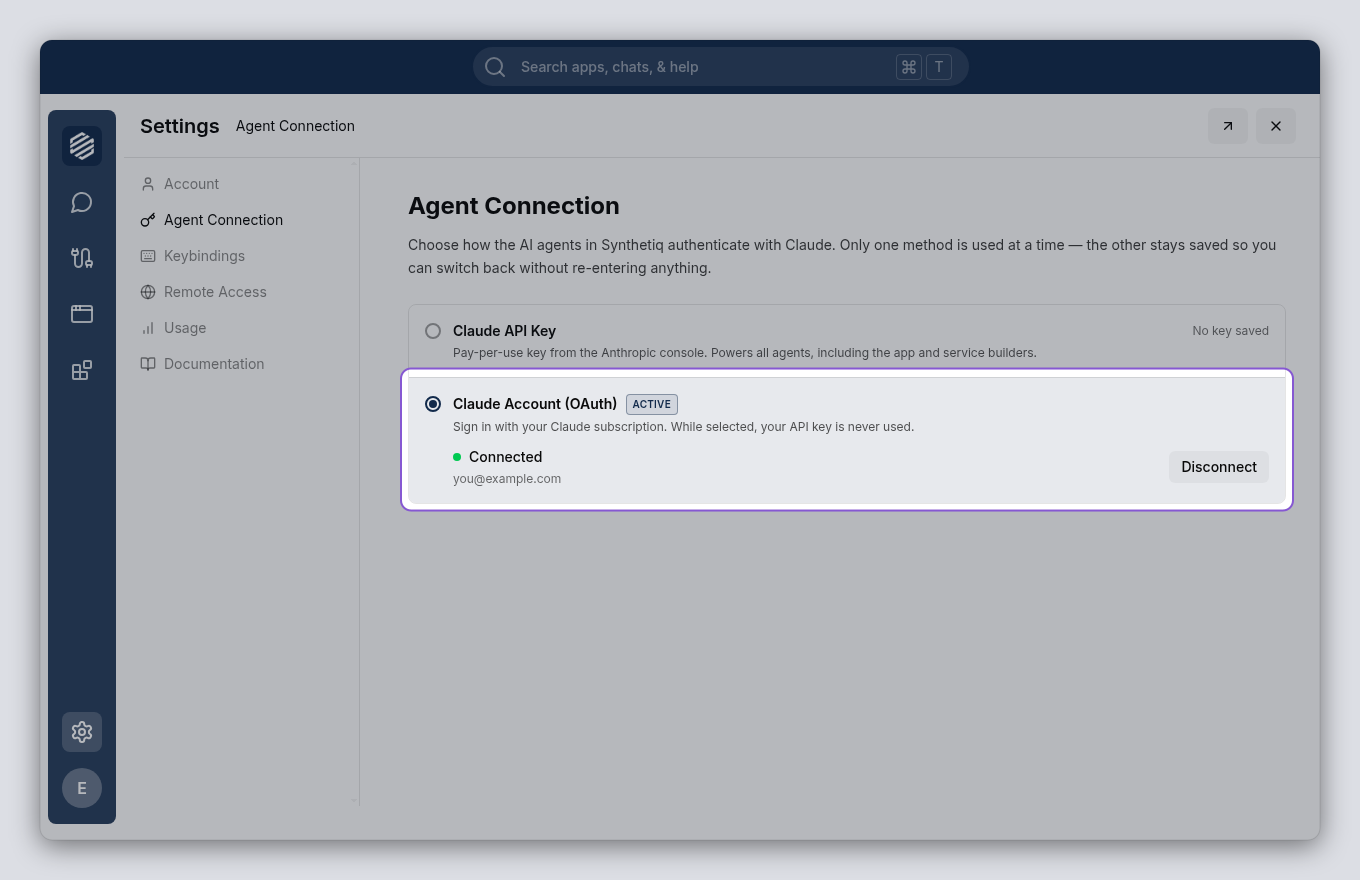 Claude Account (OAuth) option showing the connected state with account email and Disconnect button