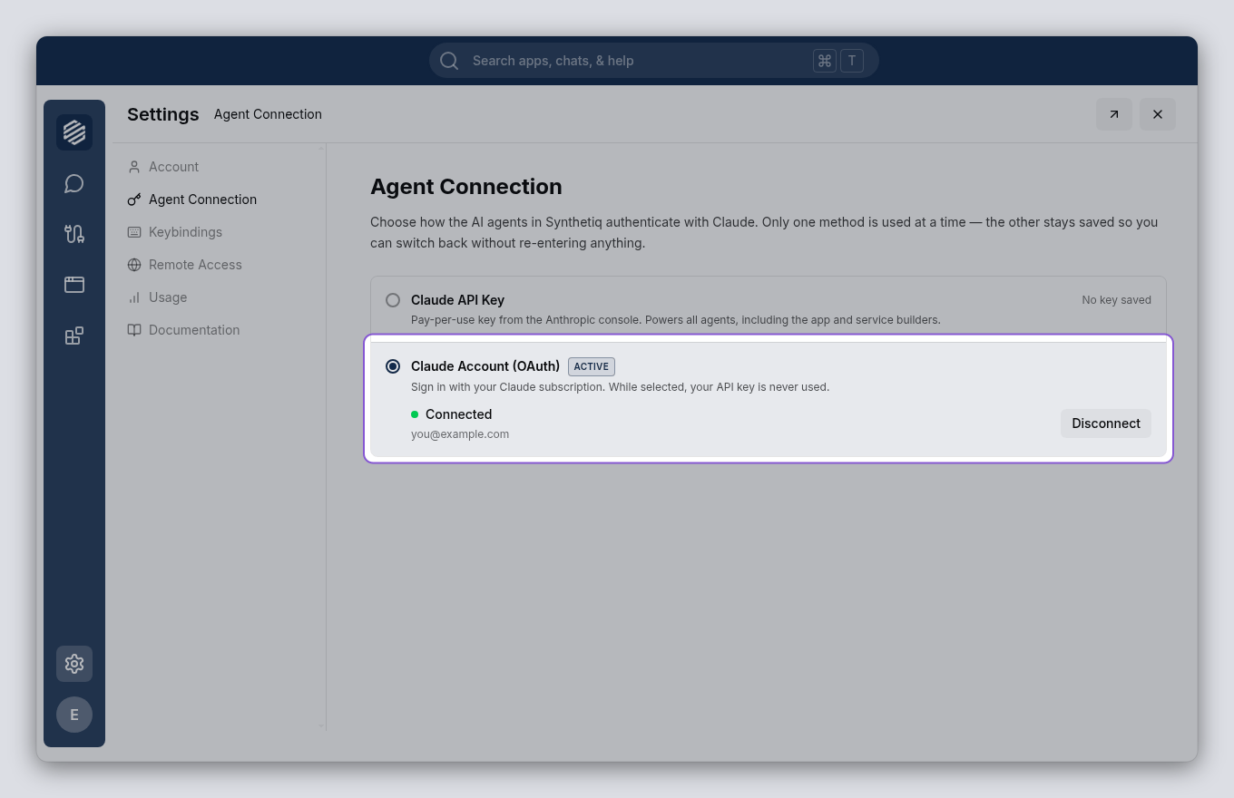 Claude Account (OAuth) option showing the connected state with account email and Disconnect button