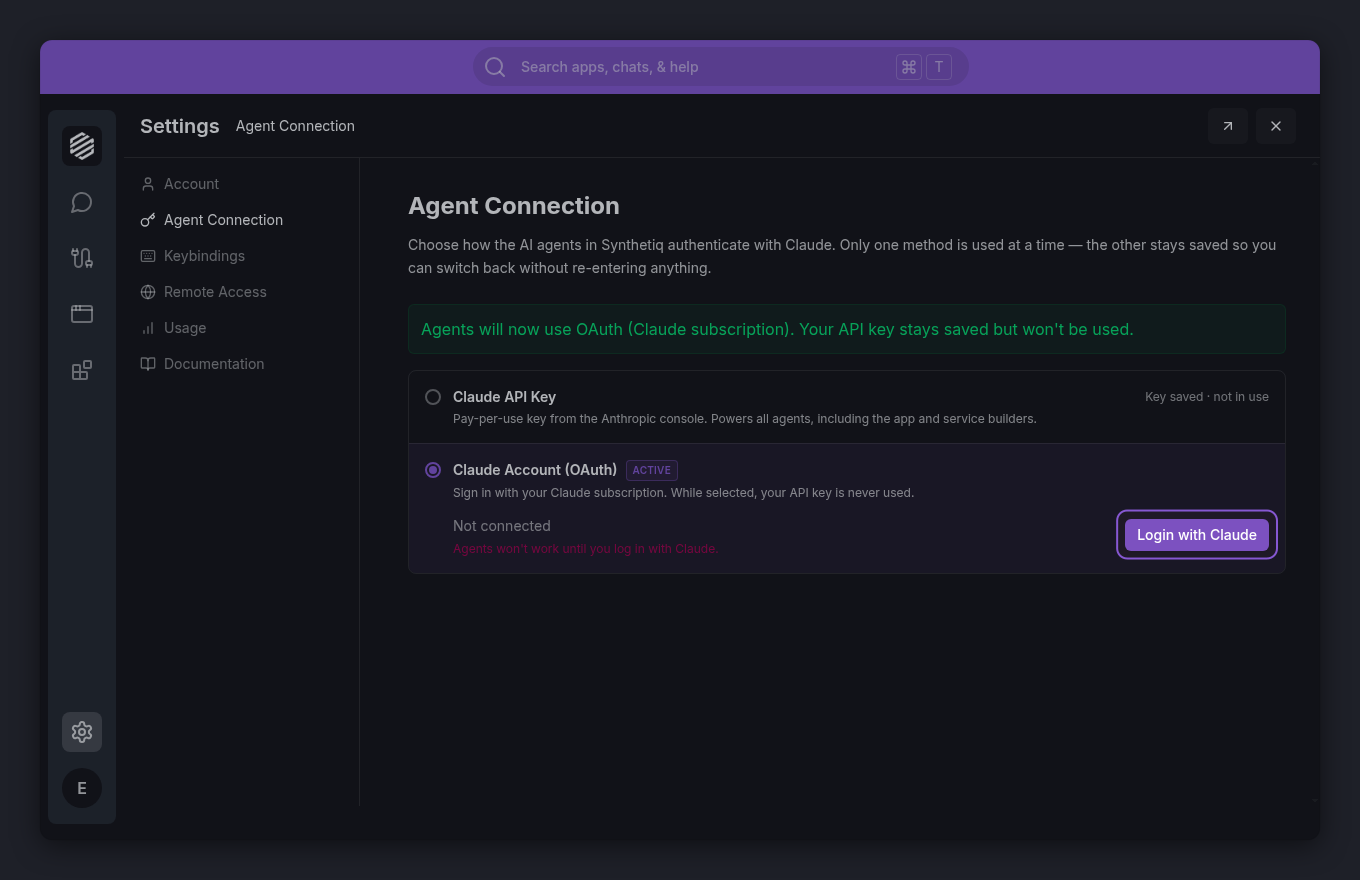 Claude Account (OAuth) option expanded with the Login with Claude button