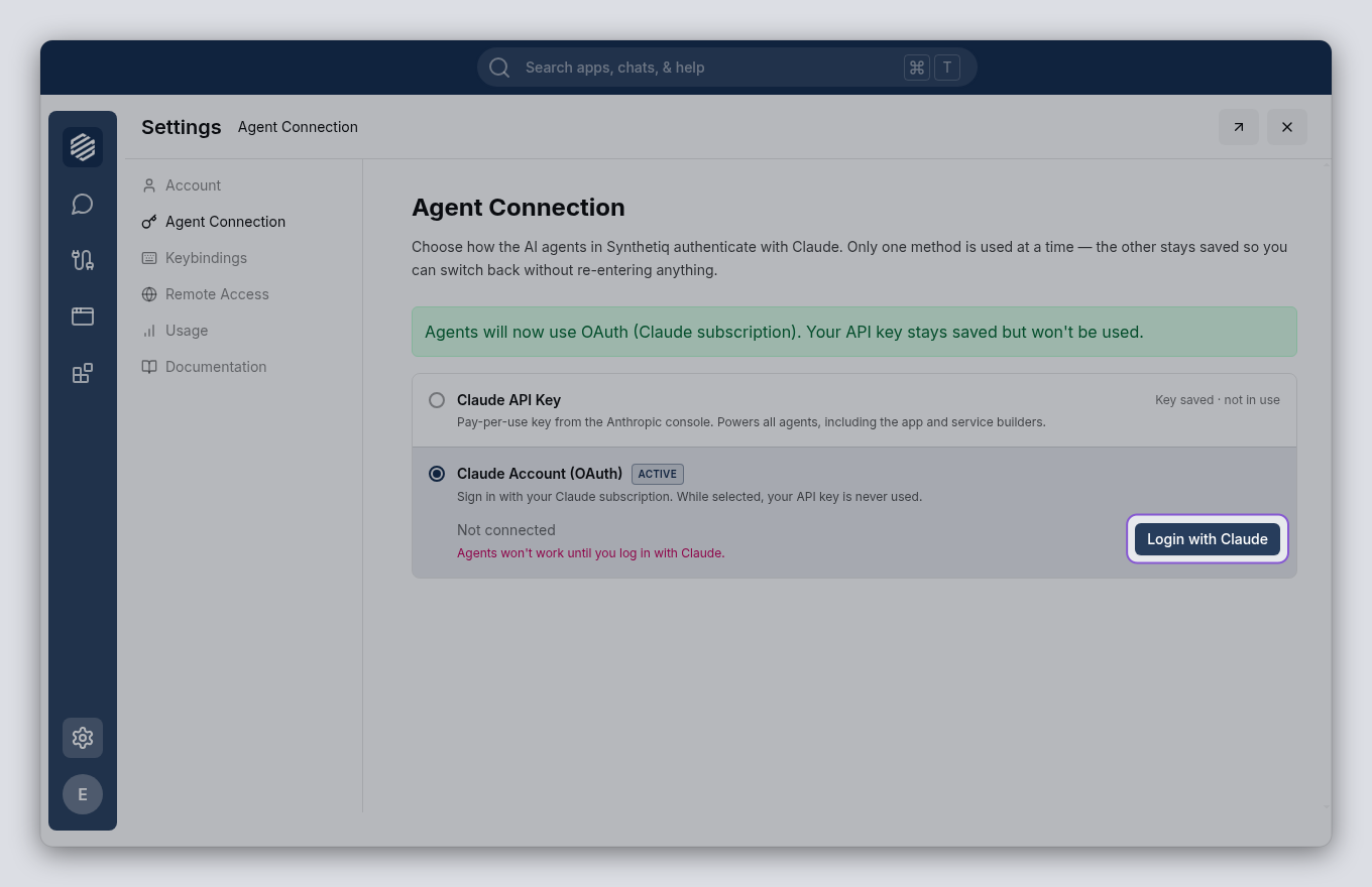 Claude Account (OAuth) option expanded with the Login with Claude button