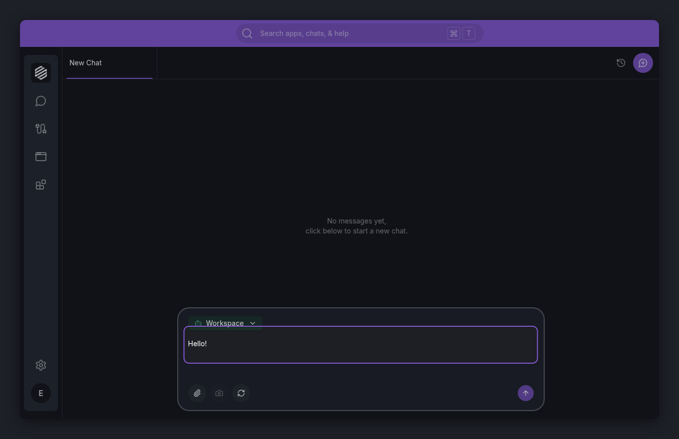 Chat panel with a Hello! test message typed and ready to send