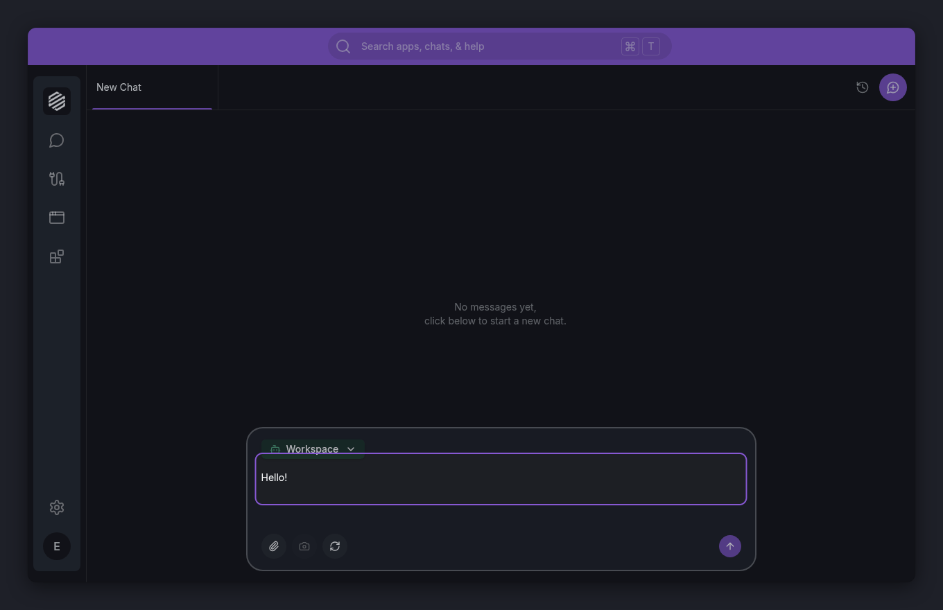Chat panel with a Hello! test message typed and ready to send
