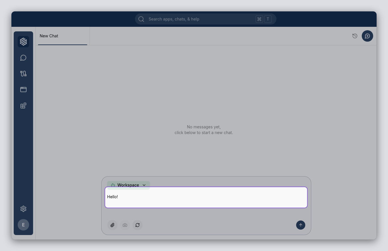 Chat panel with a Hello! test message typed and ready to send