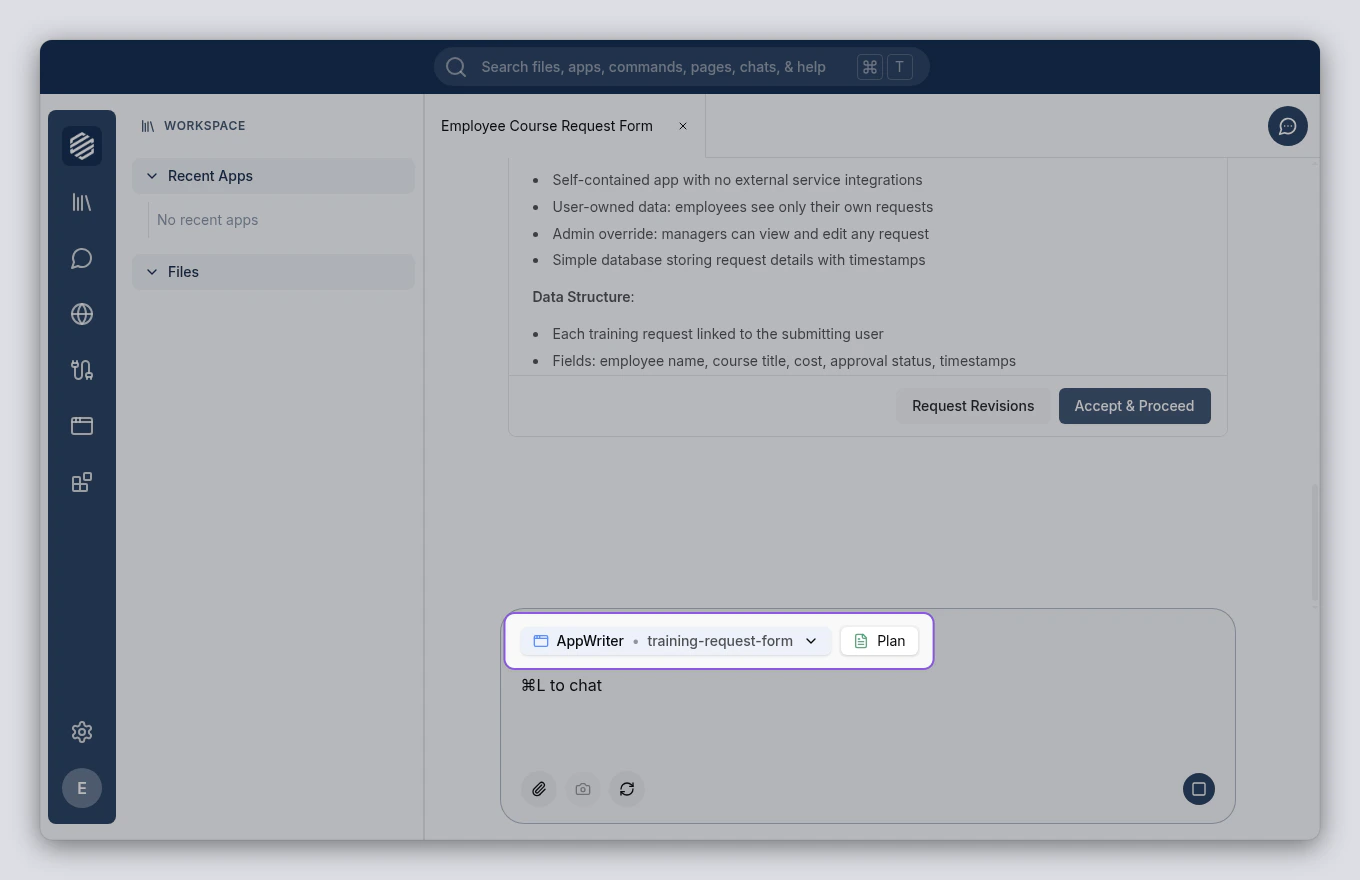 Mode switch indicator showing Workspace to AppWriter
