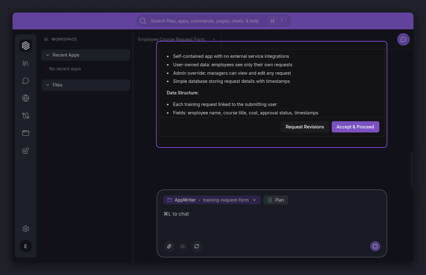 Plan approval card with app details and action buttons