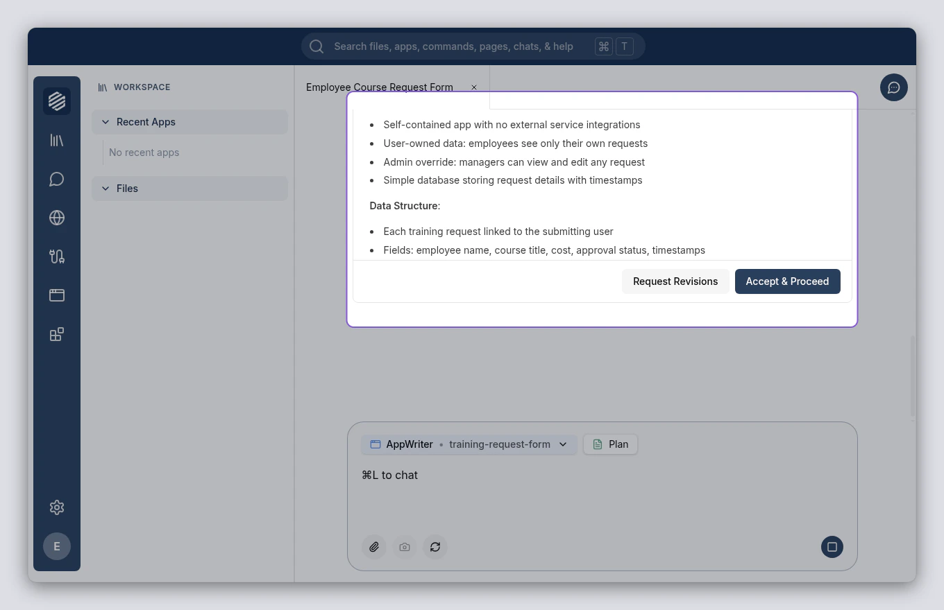Plan approval card with app details and action buttons