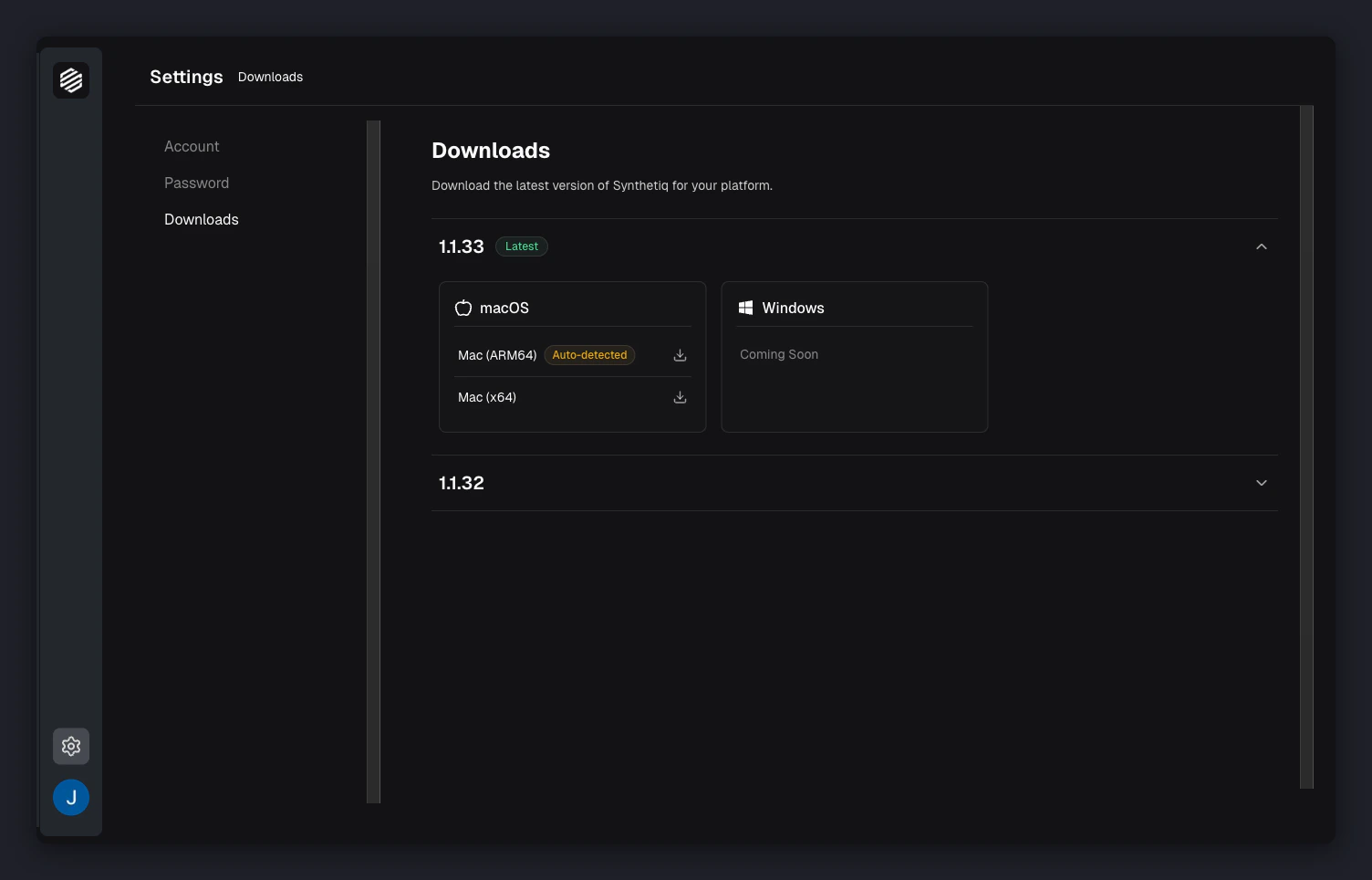 Synthetiq console downloads page showing macOS download options