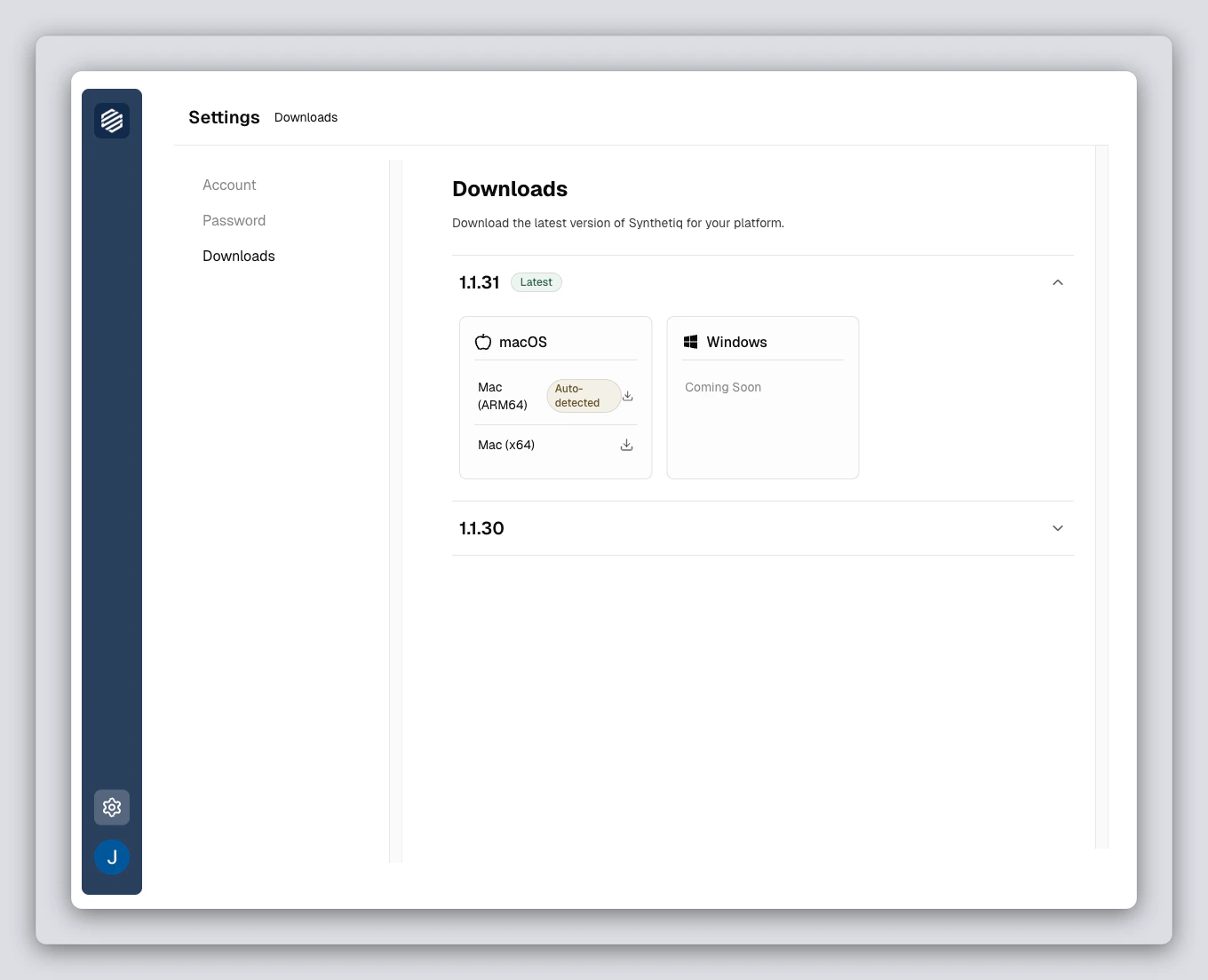 Synthetiq console downloads page showing macOS download options