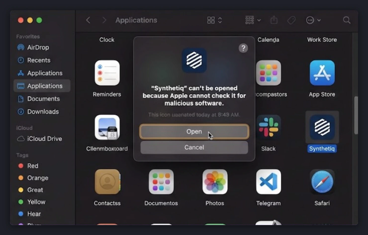 macOS security dialog confirming Synthetiq is safe to open