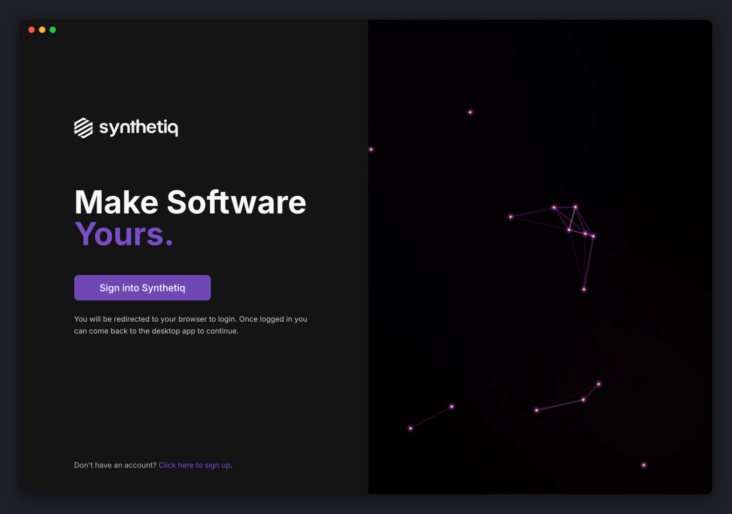 Synthetiq sign-in screen with email and password fields