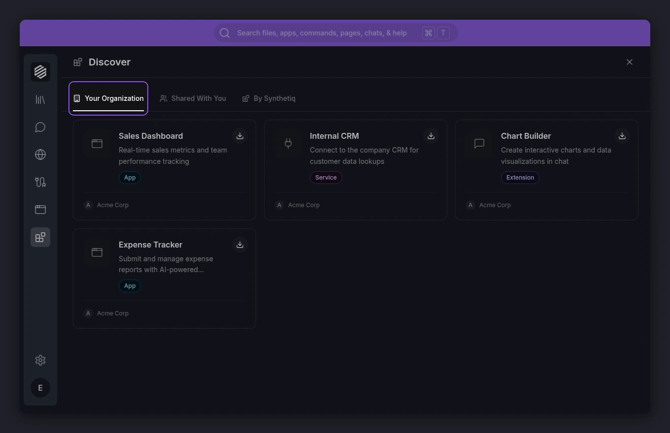 The Discover panel showing the Your Organization tab with app and service cards