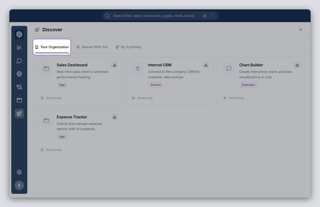 The Discover panel showing the Your Organization tab with app and service cards
