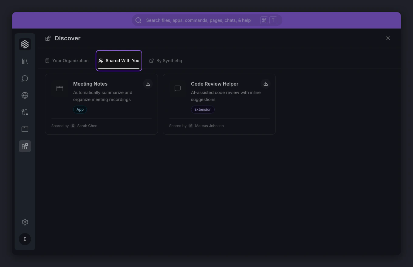 The Discover panel showing the Shared With You tab with cards showing shared-by attribution