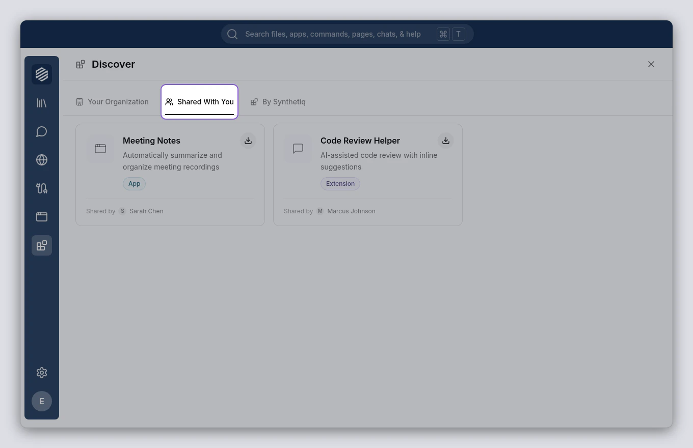 The Discover panel showing the Shared With You tab with cards showing shared-by attribution