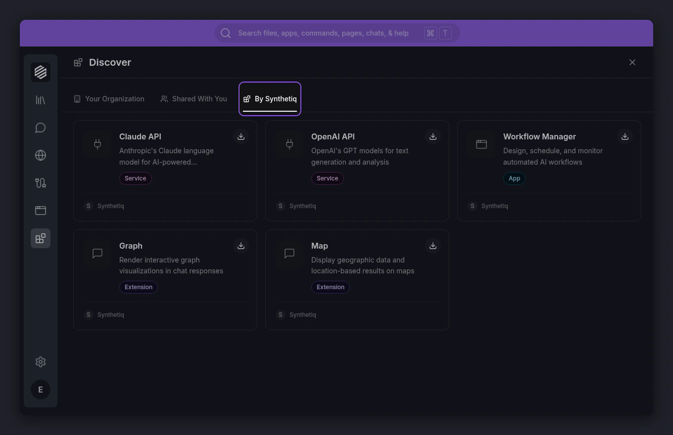 The Discover panel showing the By Synthetiq tab with official Synthetiq offerings