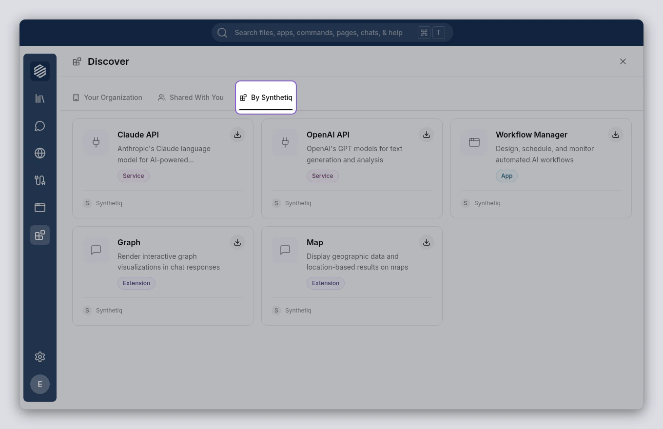 The Discover panel showing the By Synthetiq tab with official Synthetiq offerings