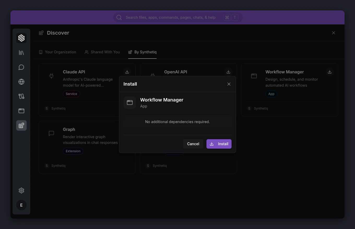 The Install modal showing the app name, type, and Dependencies section
