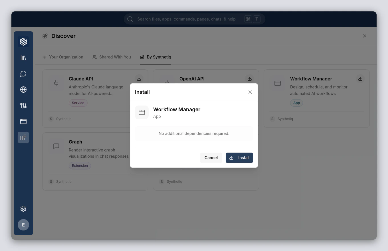 The Install modal showing the app name, type, and Dependencies section