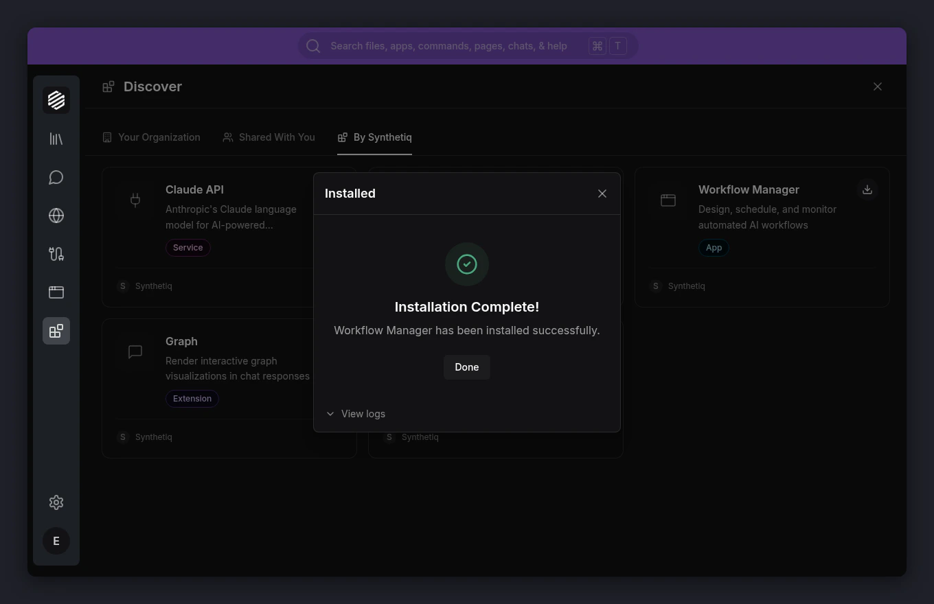 The Install modal showing the success state with a green checkmark