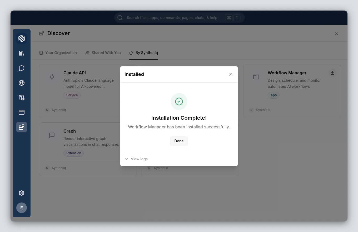 The Install modal showing the success state with a green checkmark