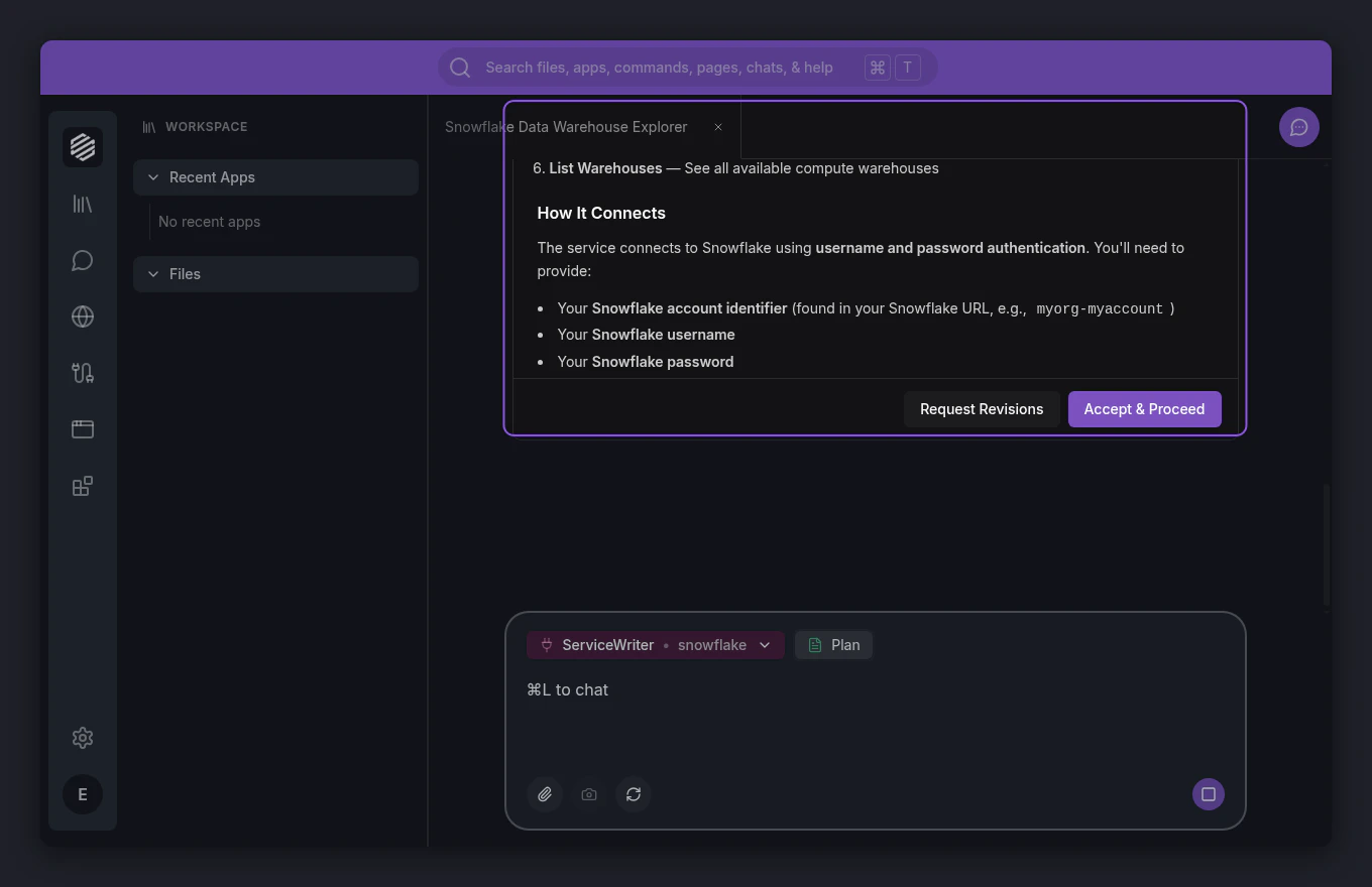 Plan approval card with service details — tools list, auth type, and settings