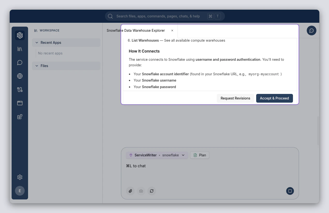 Plan approval card with service details — tools list, auth type, and settings