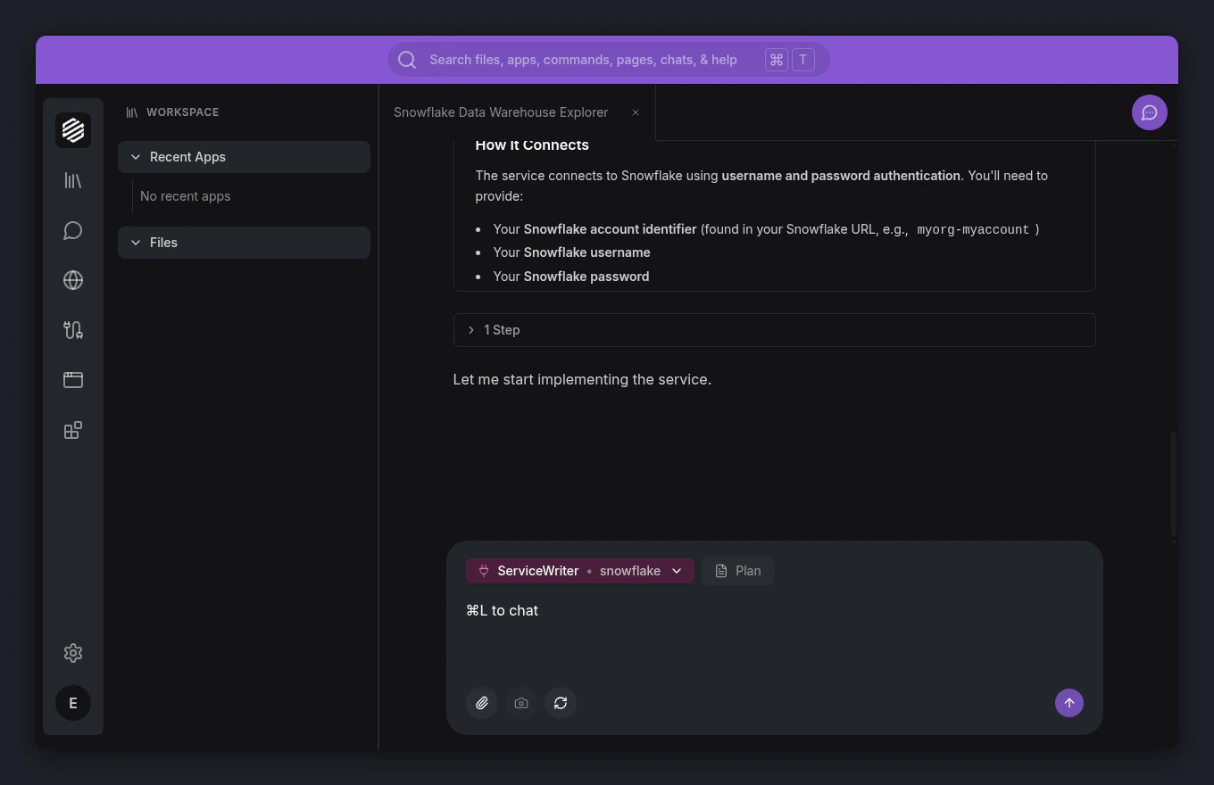 Tool call progress visible in the chat during the service build